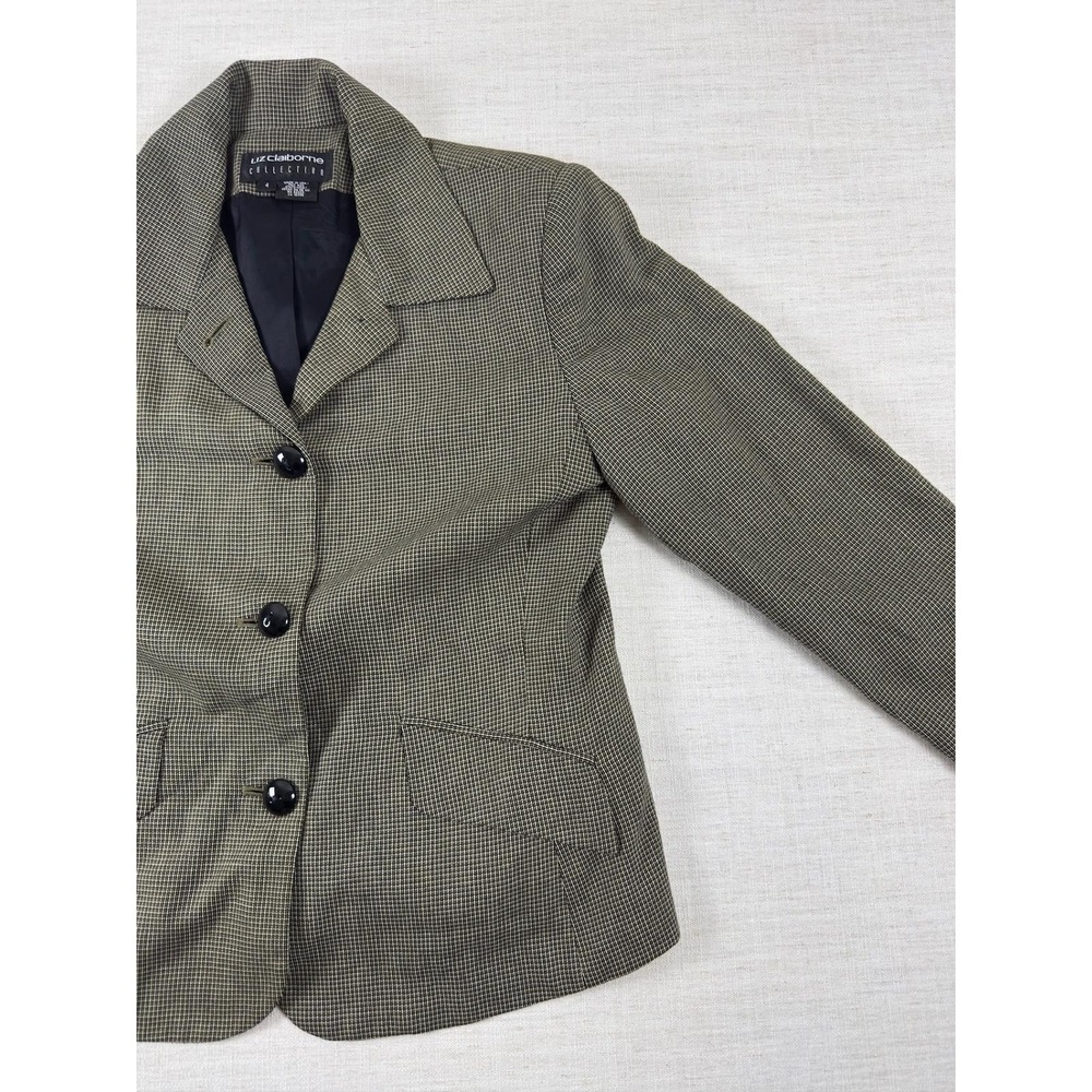 Liz Claiborne Collection Blazer Womens 4 Olive Green Micro Check 3 Button Jacket